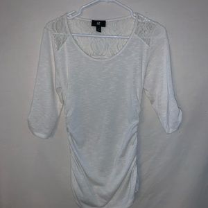white cinched side top w/ mid sleeves & lace back